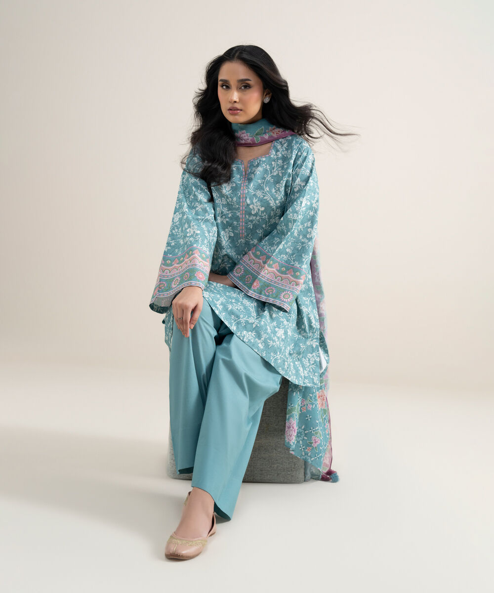 Women's Unstitched Lawn Printed Aqua 3 Piece Suit