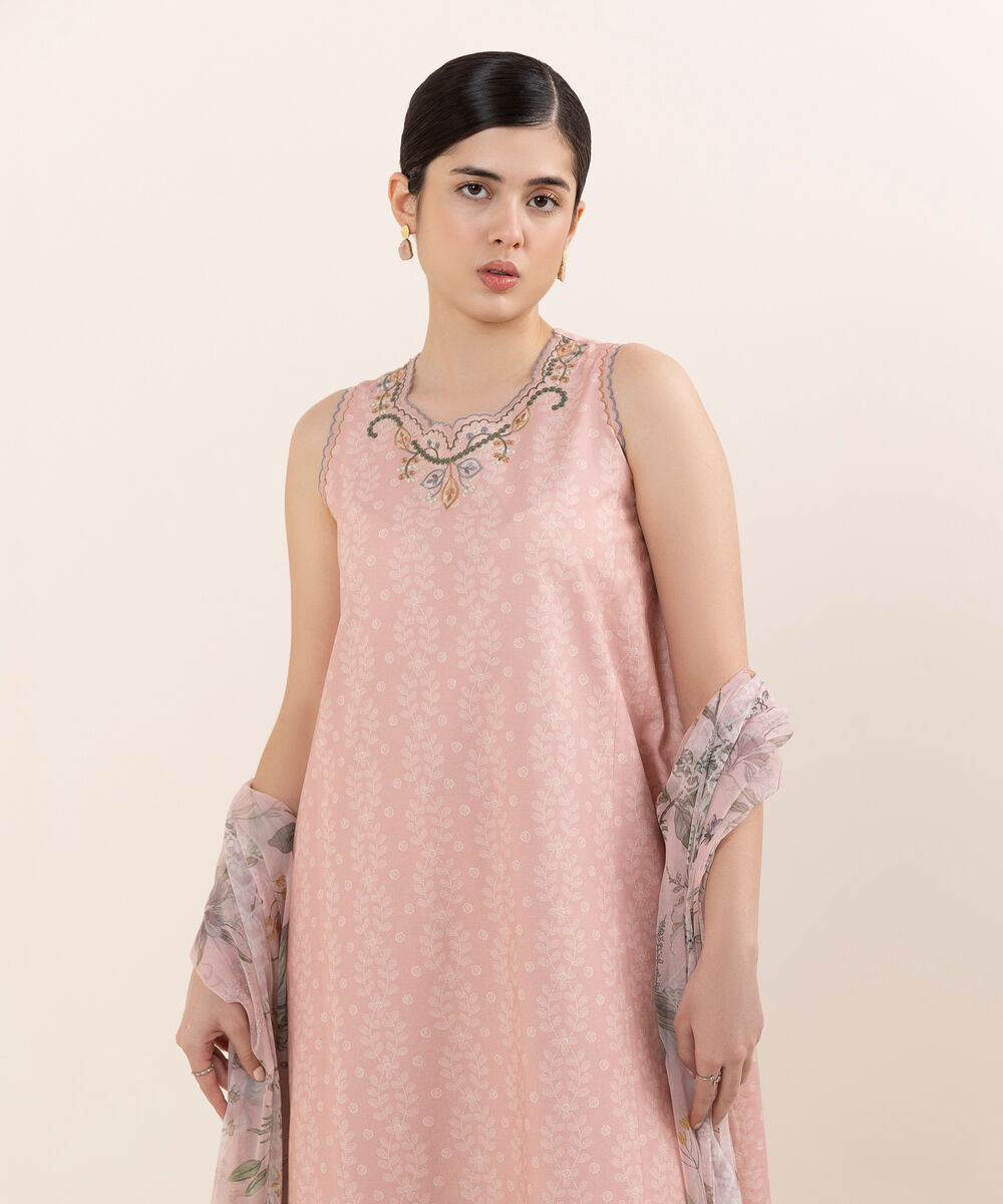 Women's Unstitched Cotton Embroidered Pink Three Piece Suit