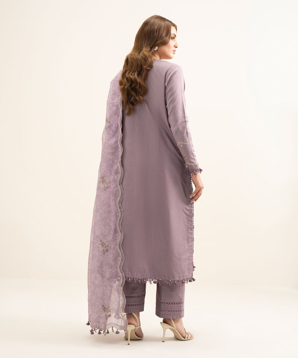 Women's Unstitched Fine Cotton Satin Embroidered Purple 3 Piece Suit