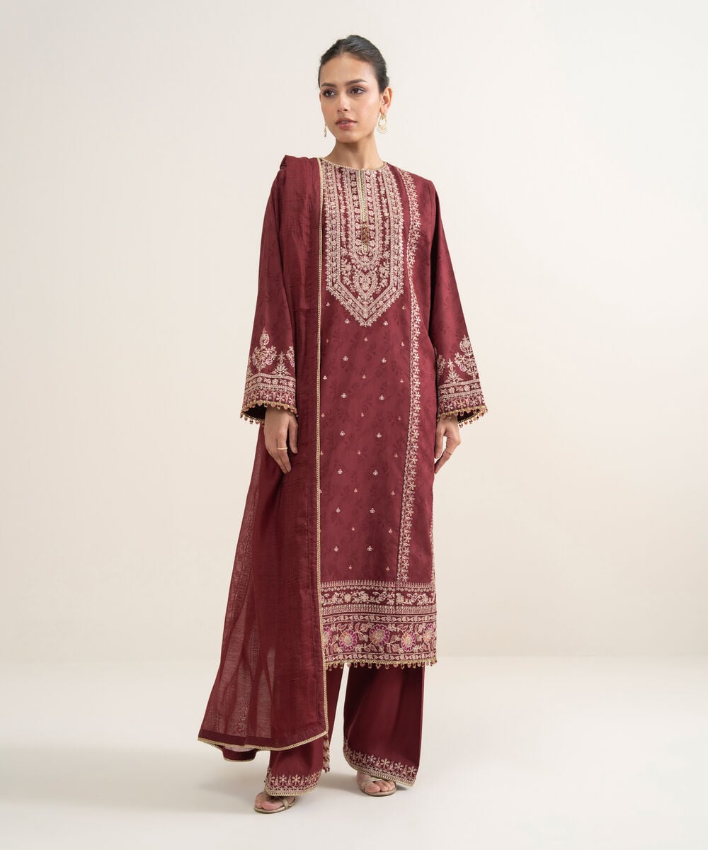 Women's Unstitched Cotton Jacquard Embroidered Red 3 Piece Suit