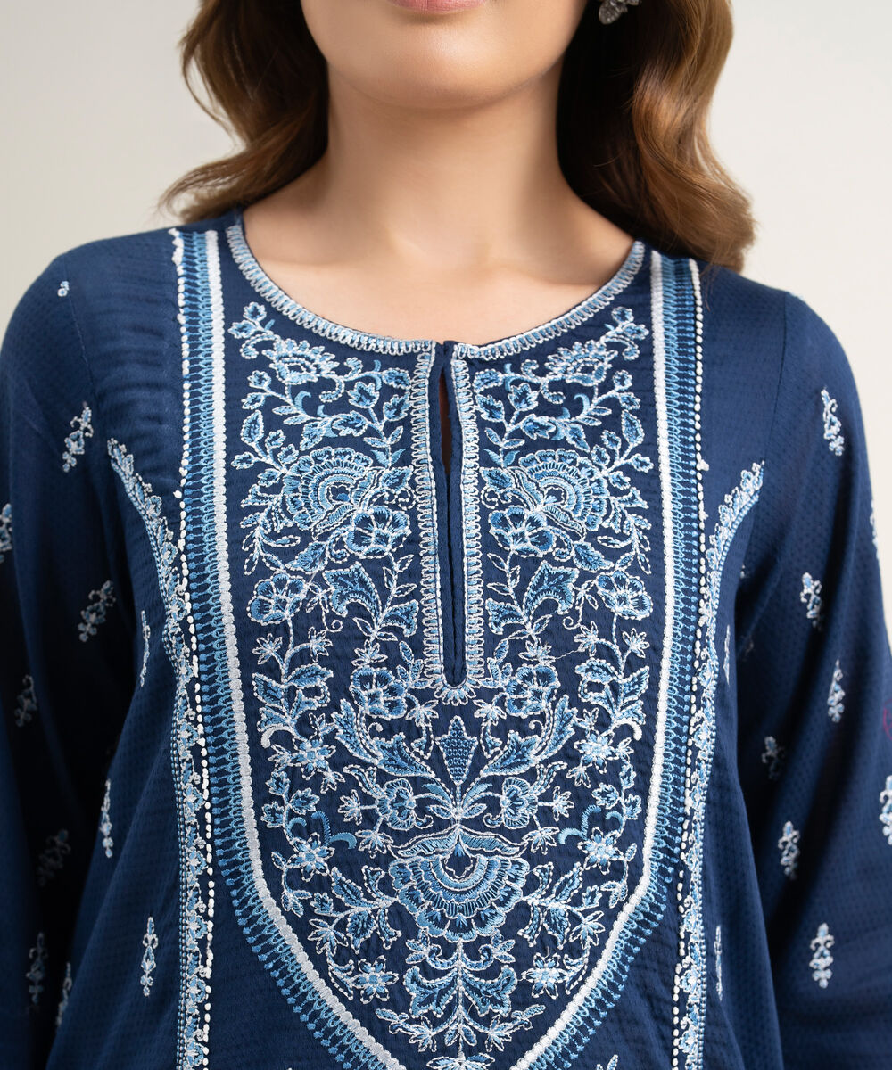 Women's RTW Dobby Embroidered Blue Straight Shirt