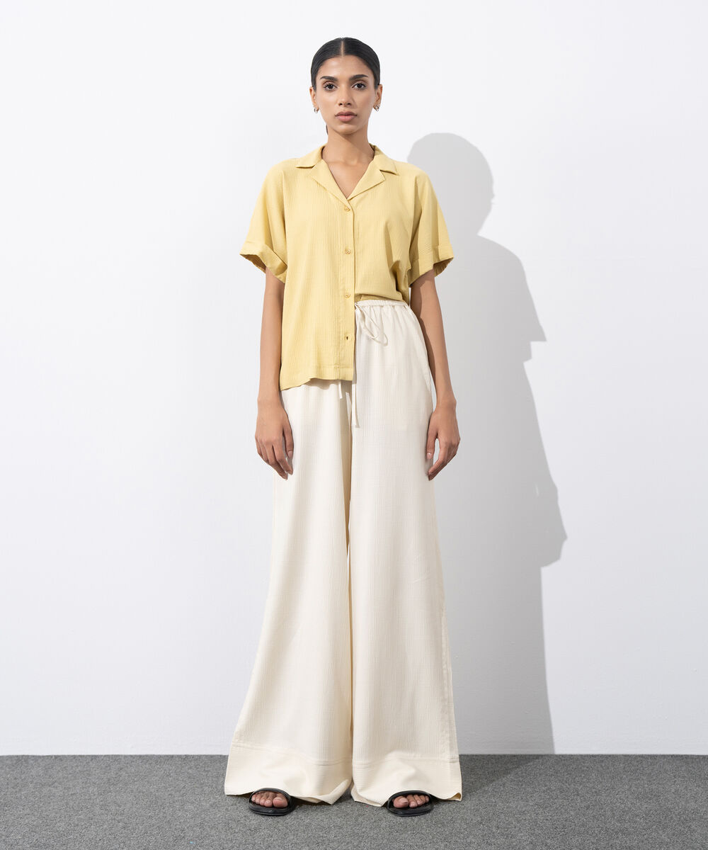 Women's Western Wear Beige Seersucker Wide Leg Trousers