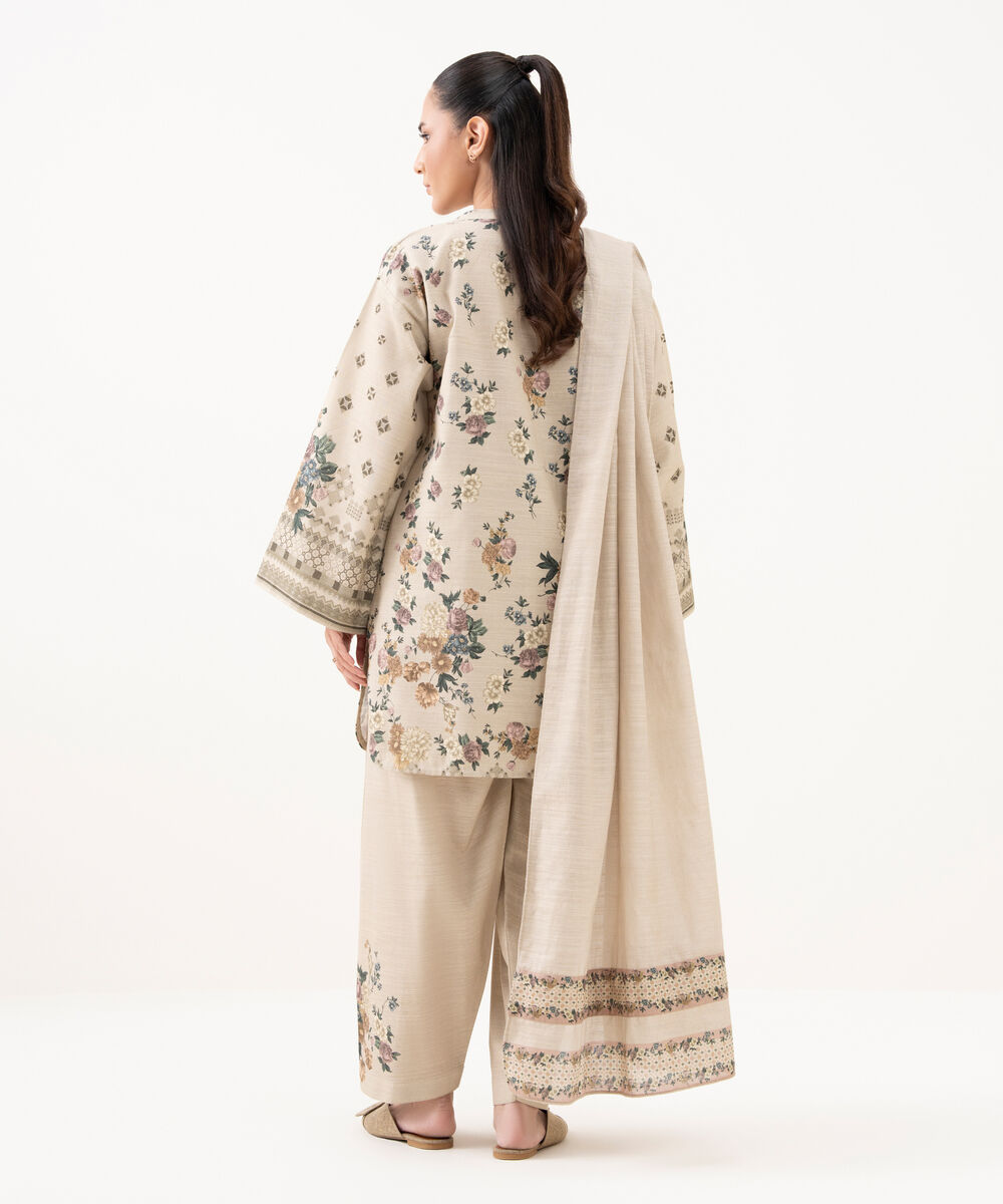 Women's Unstitched Khaddar Printed Beige 3 Piece Suit