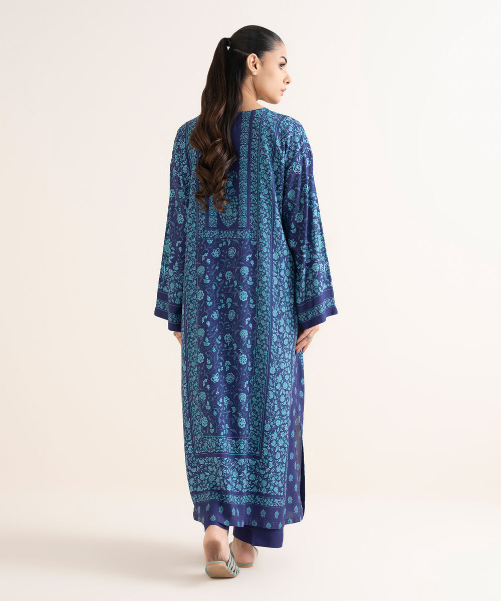 Women's RTW Viscose Linen Blue Printed Drop Shoulder Shirt