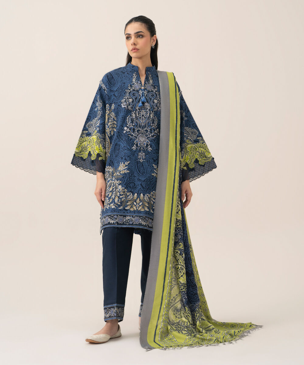 Women's Unstitched Premium Khaddar Printed Blue 3 Piece Suit