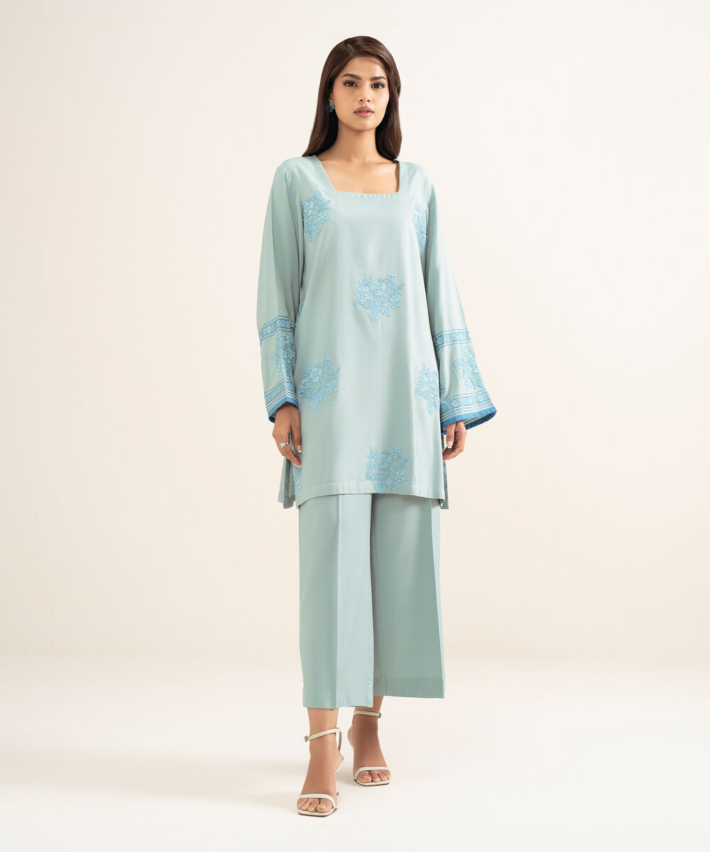 Women's RTW Cotton Viscose Embroidered Blue Straight Shirt