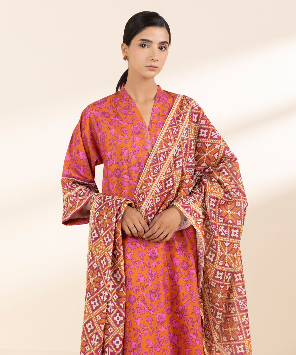 Women's Unstitched Lawn Printed Orange 3 Piece Suit