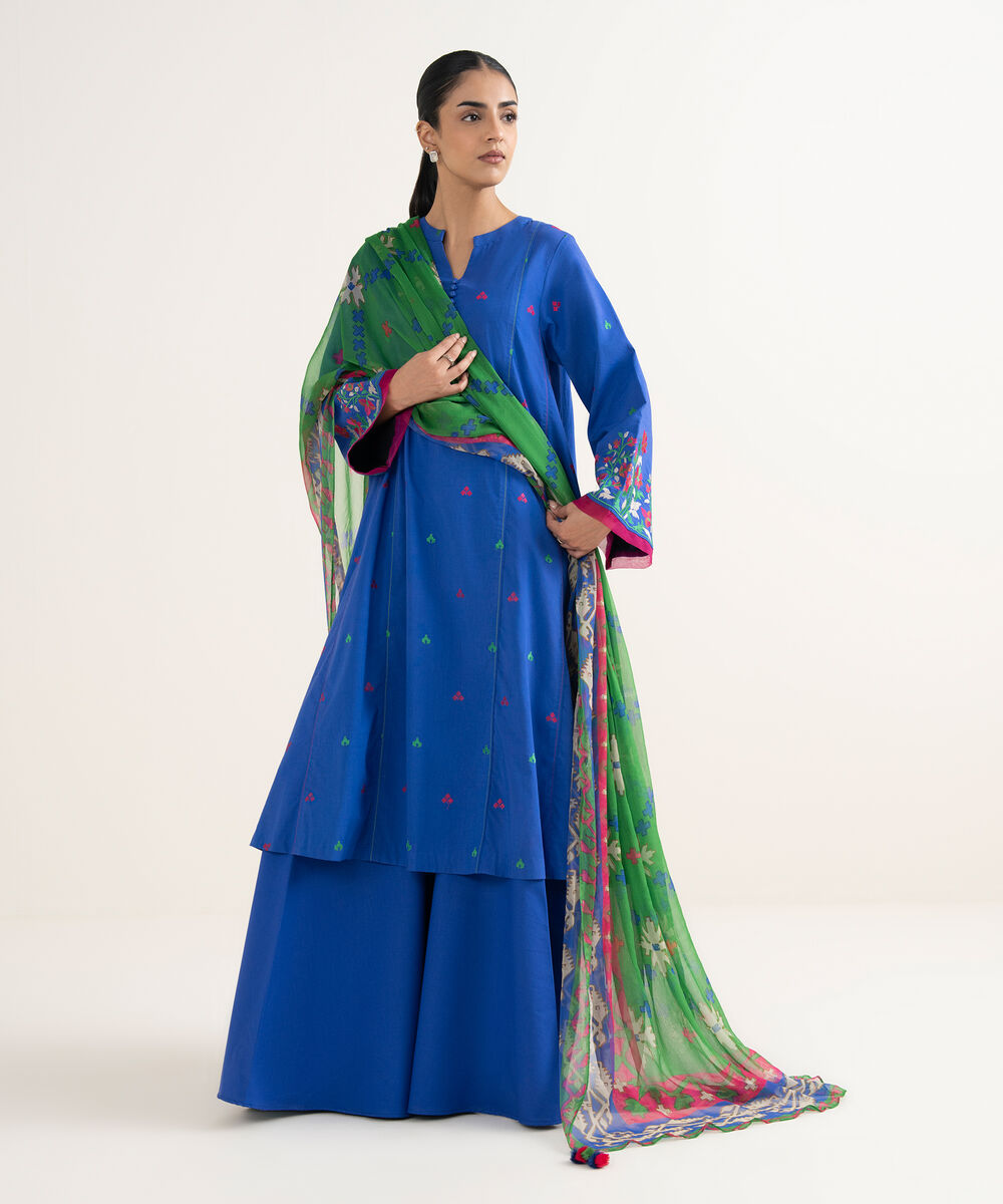 Women's Unstitched Cotton Viscose Embroidered Blue 3 Piece Suit