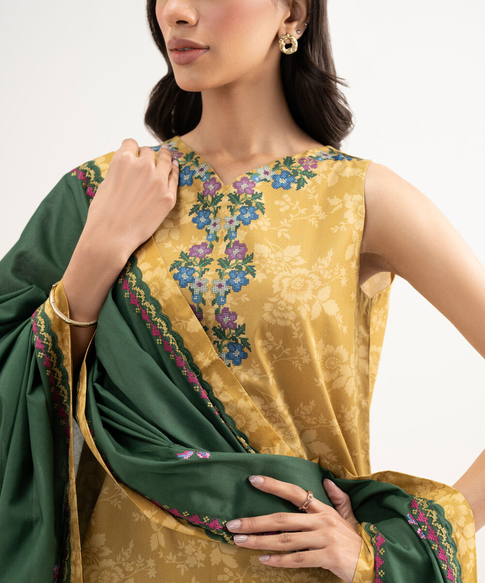 Women's Unstitched Lawn Embroidered Yellow 3 Piece Suit