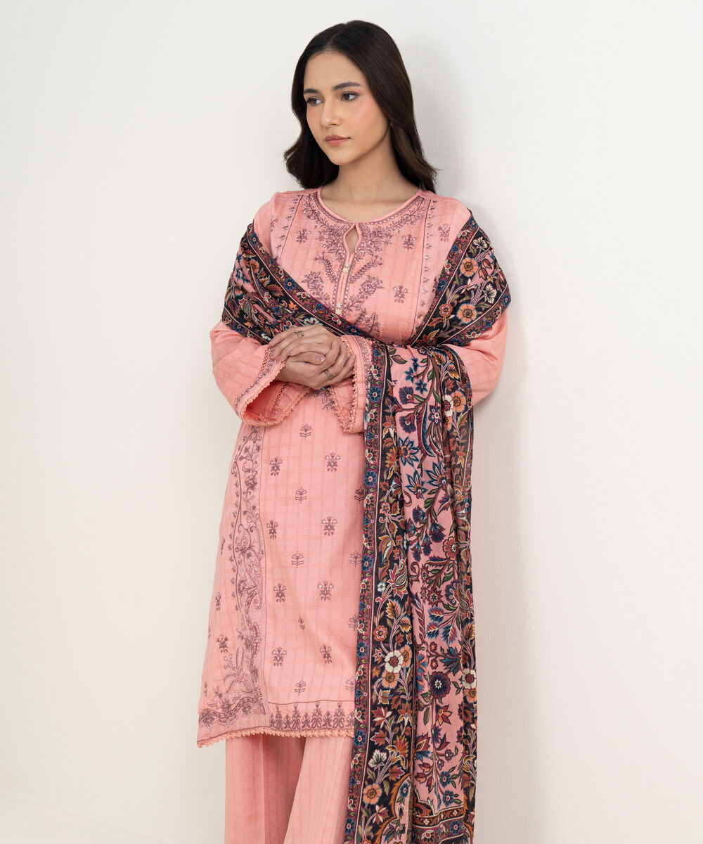 Women's RTW Dobby Embroidered Pink 3 Piece Suit