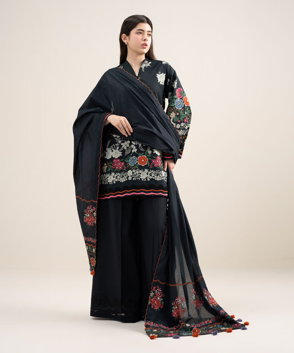 Women's Unstitched Lawn Embroidered Black  3 Piece Suit