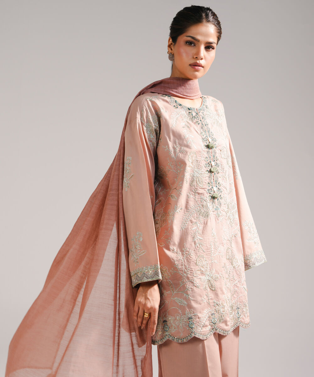 Women's RTW Lawn Embroidered Beige 3 Piece Suit