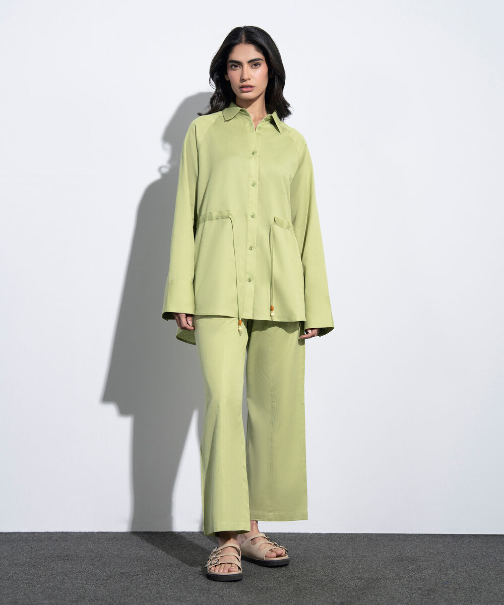 Women's Western Green Linen Blend Shirt With Waist Drawcord