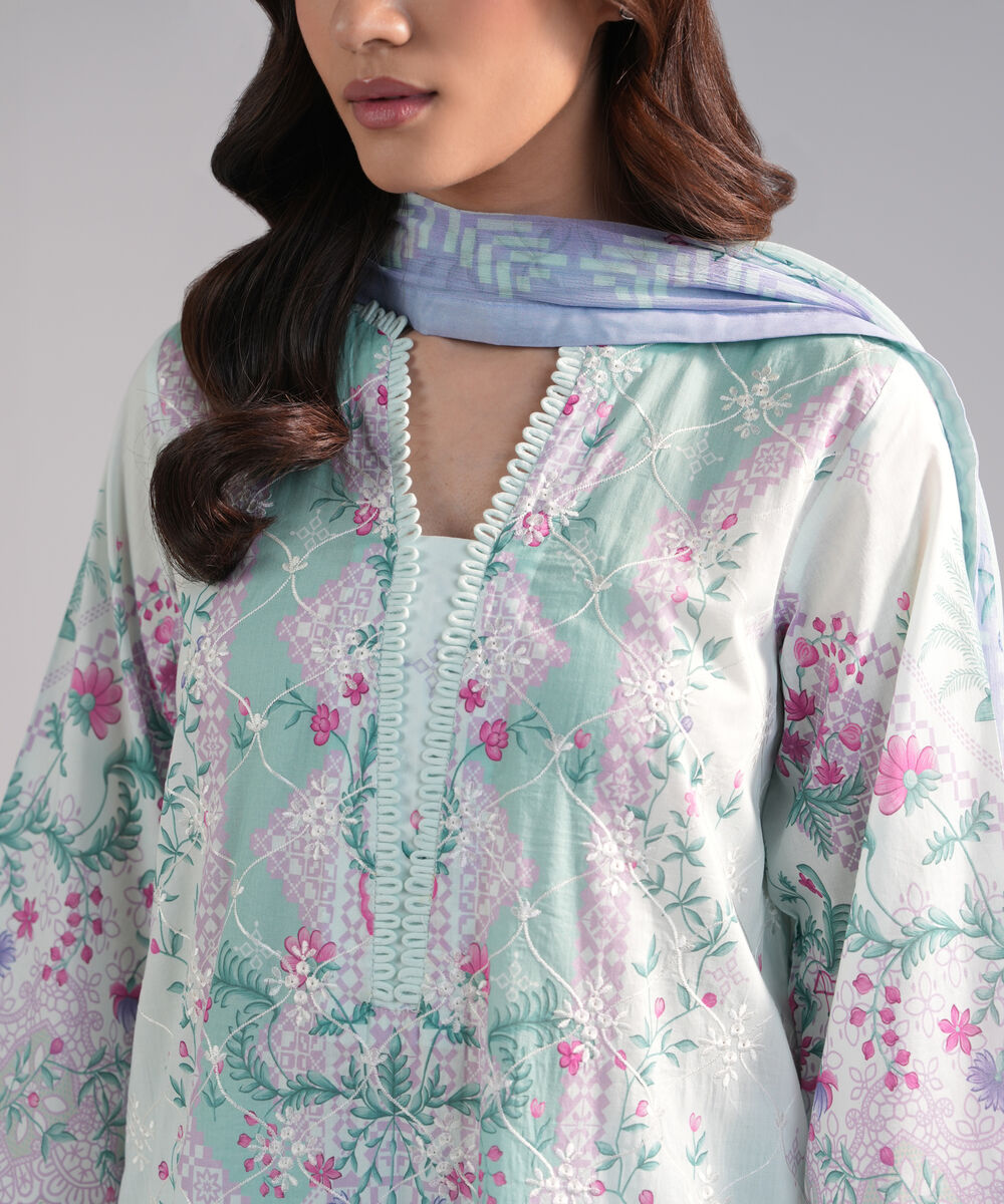 Women's RTW Lawn Embroidered Blue 3 Piece Suit