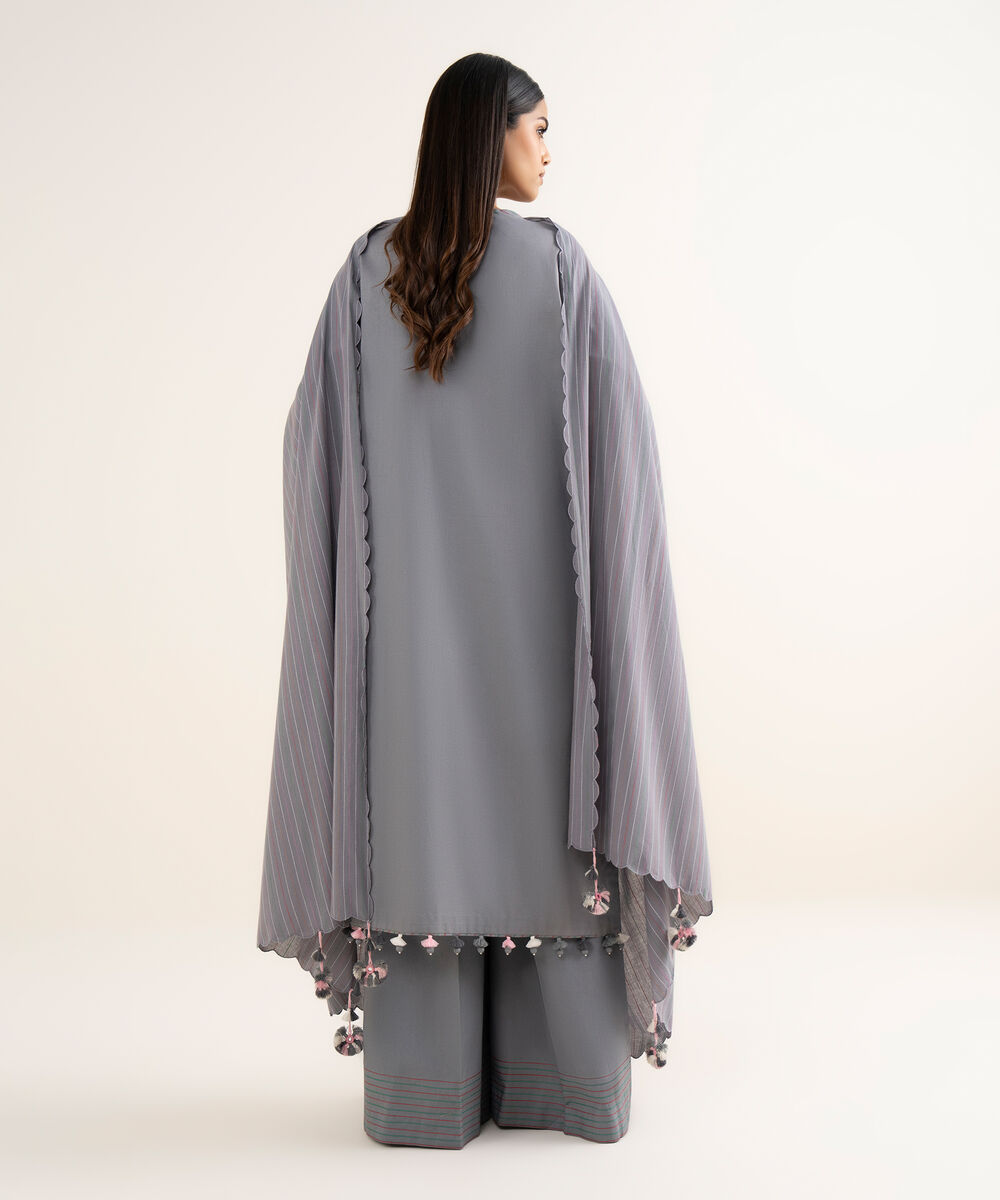 Women's Unstitched Embroidered Cotton Grey 3 Piece Suit