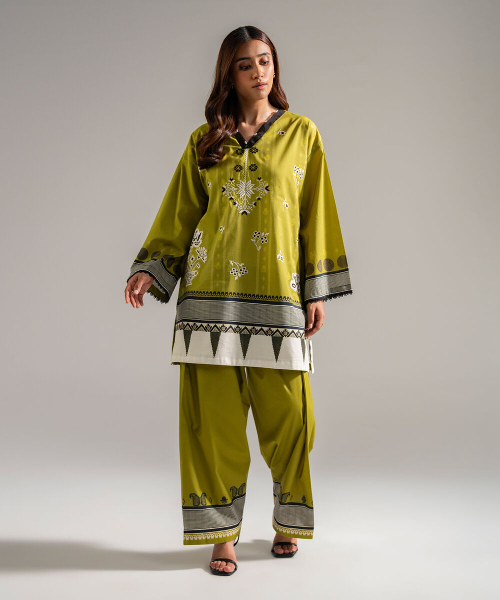 Women's RTW Lawn Embroidered Green Drop Shoulder Shirt