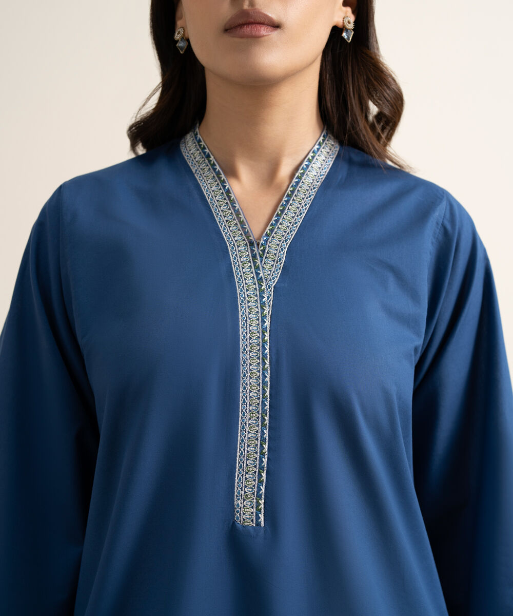 Women's RTW Cambric Embroidered Blue Boxy Shirt