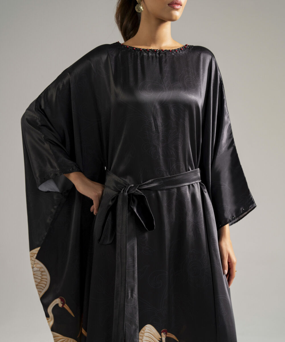 Women's RTW Blended Satin Printed Black Kaftan