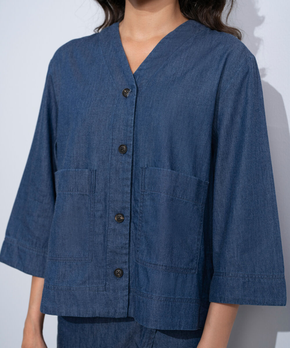 Women's Western Rinse Wash V-Neck Denim Shirt