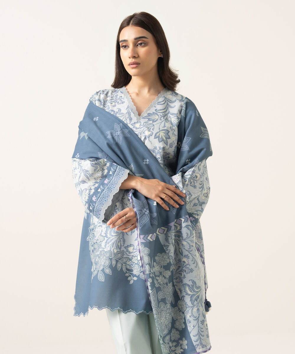 Women's Unstitched Lawn Printed Blue 3 Piece Suit