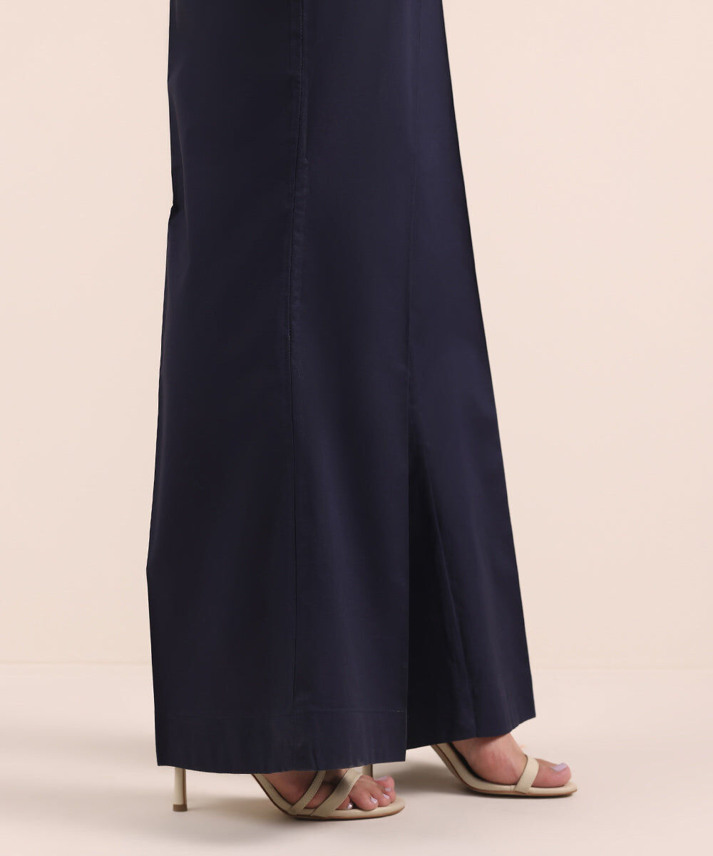 Woman - Blue Solid Cambric Flared Pants