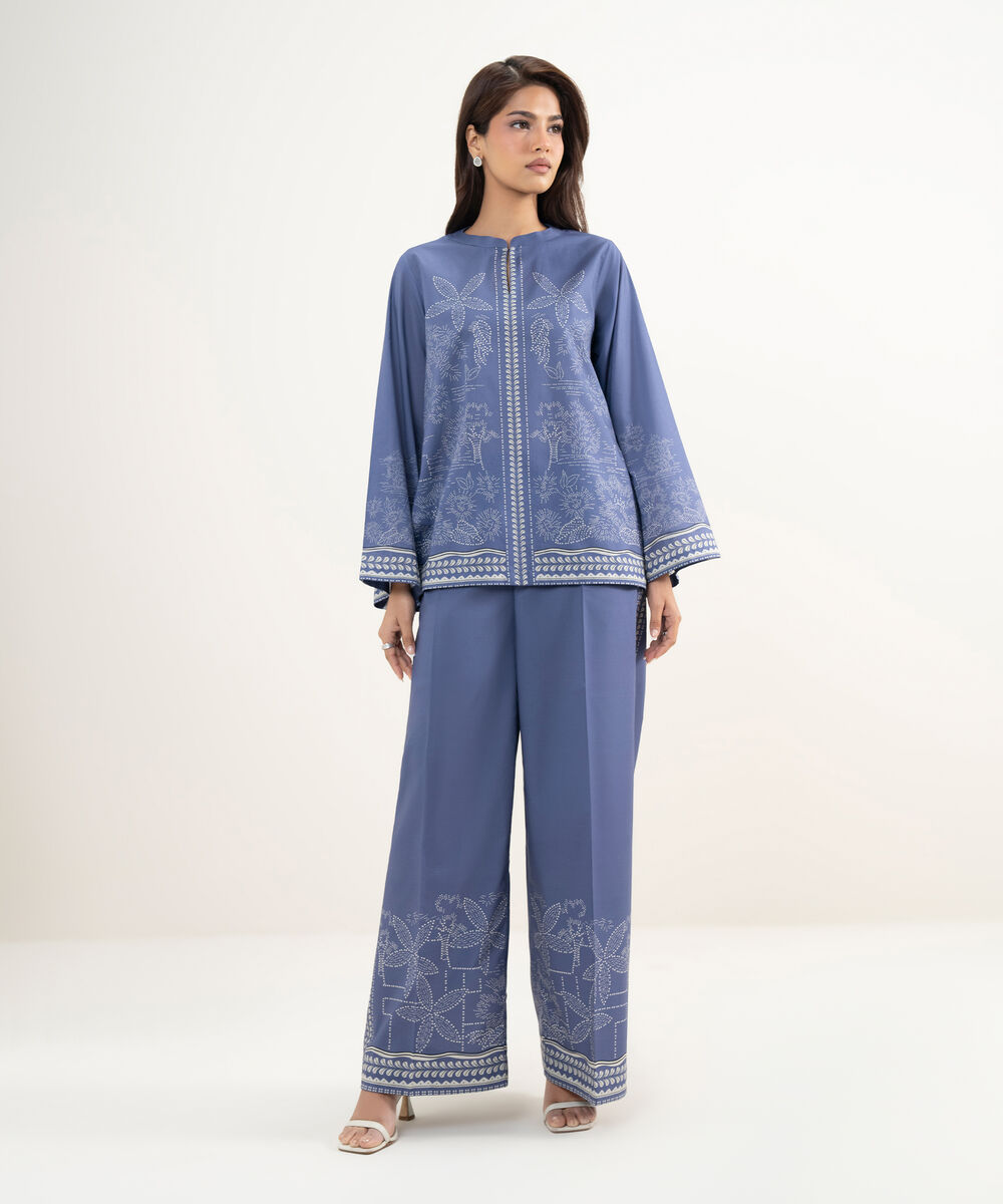 Women's RTW Lawn Printed Blue Straight Shirt