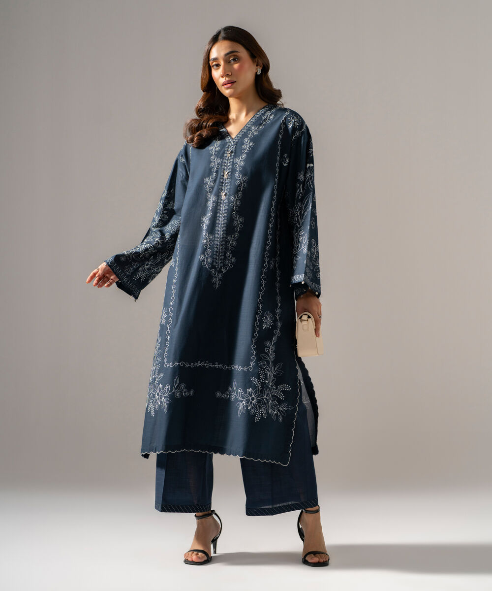Women's RTW  Cross Hatch Printed Dark Blue Drop Shoulder