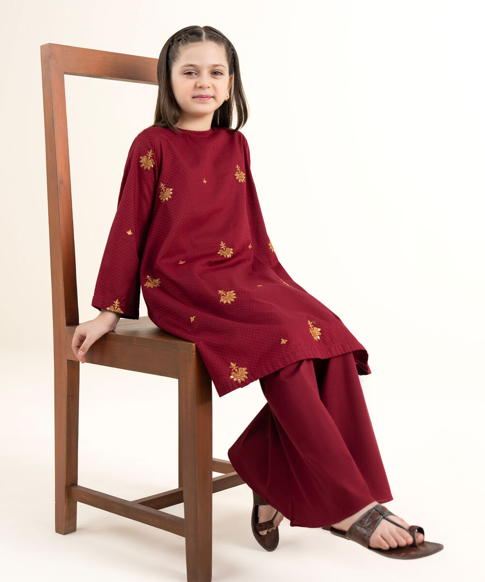 Girls Two Piece Embroidered Textured Lawn Suit