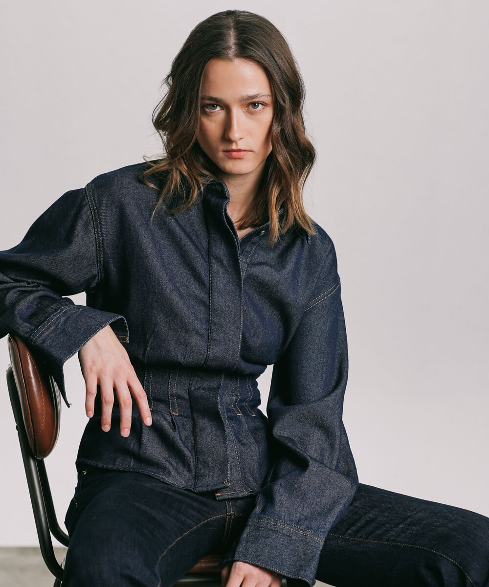 Women's Western Wear Blue Fitted Denim Shirt With Darts