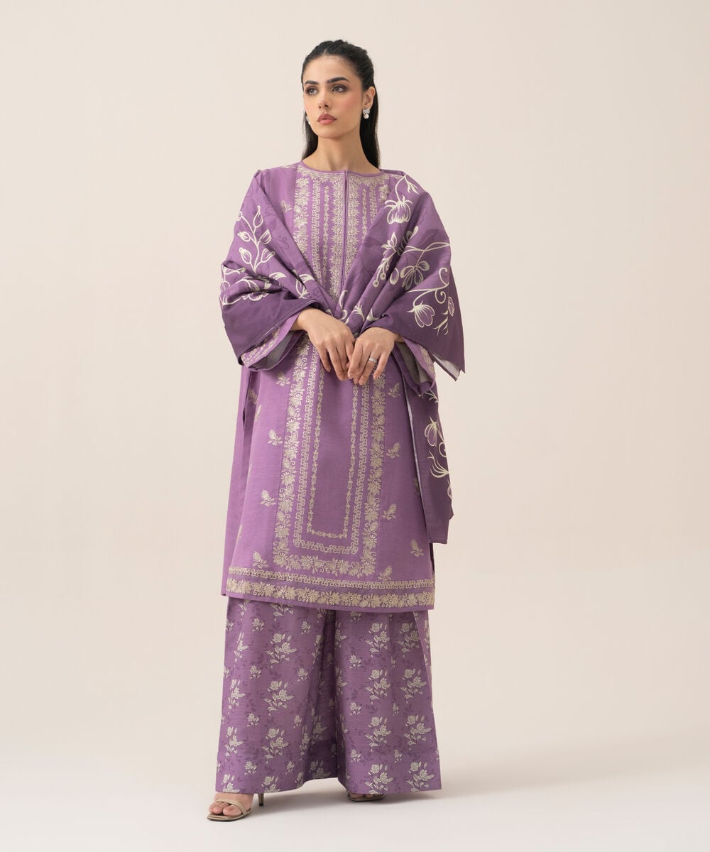 Women's Unstitched Cotton Embroidered Mauve 3 Piece Suit
