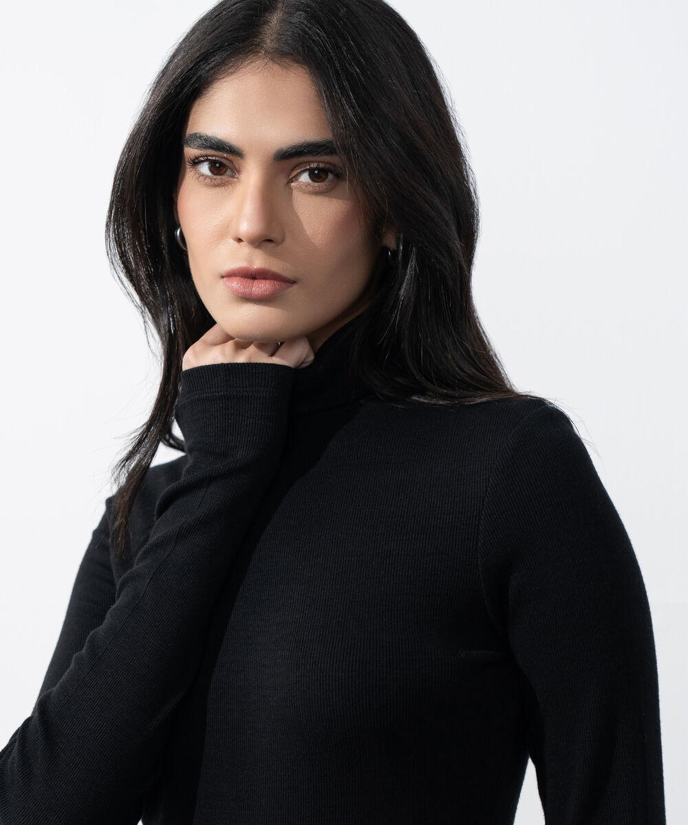 Women's Western Wear Black Turtle Neck Ribbed Top