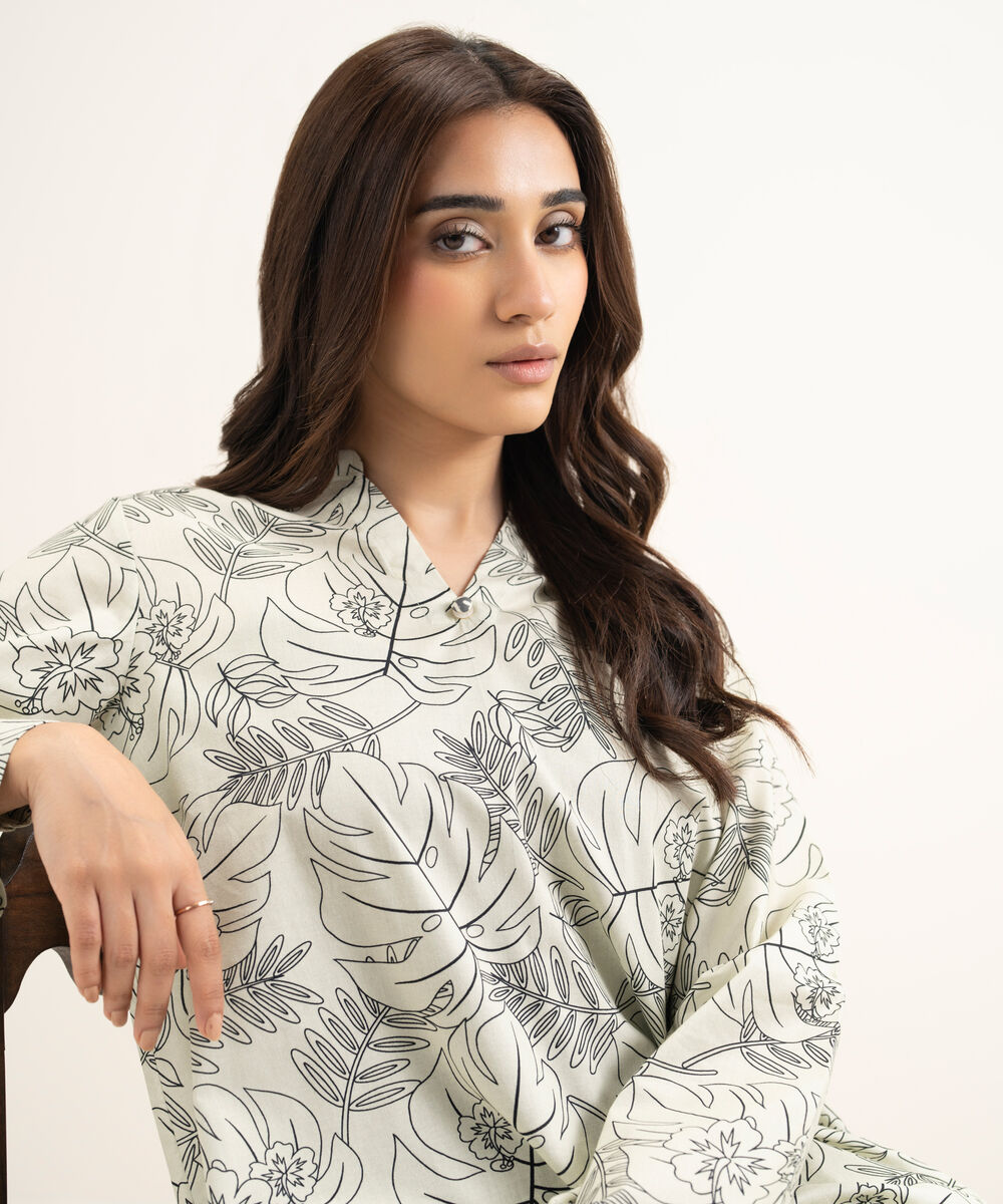 Women's RTW Cambric Printed Off White Straight Shirt