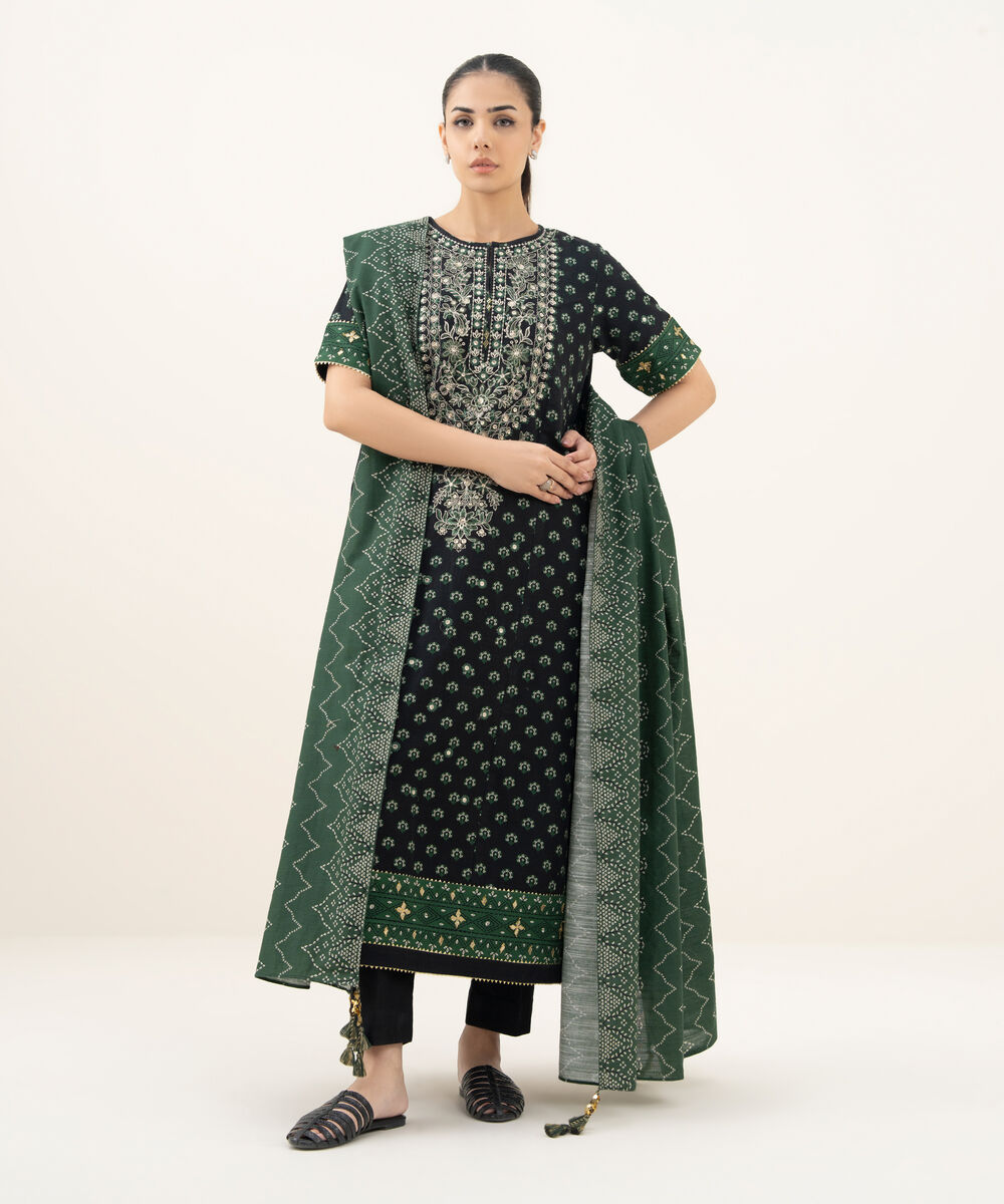 Women's Unstitched Embroidered Khaddar Black and Green 3 Piece Suit