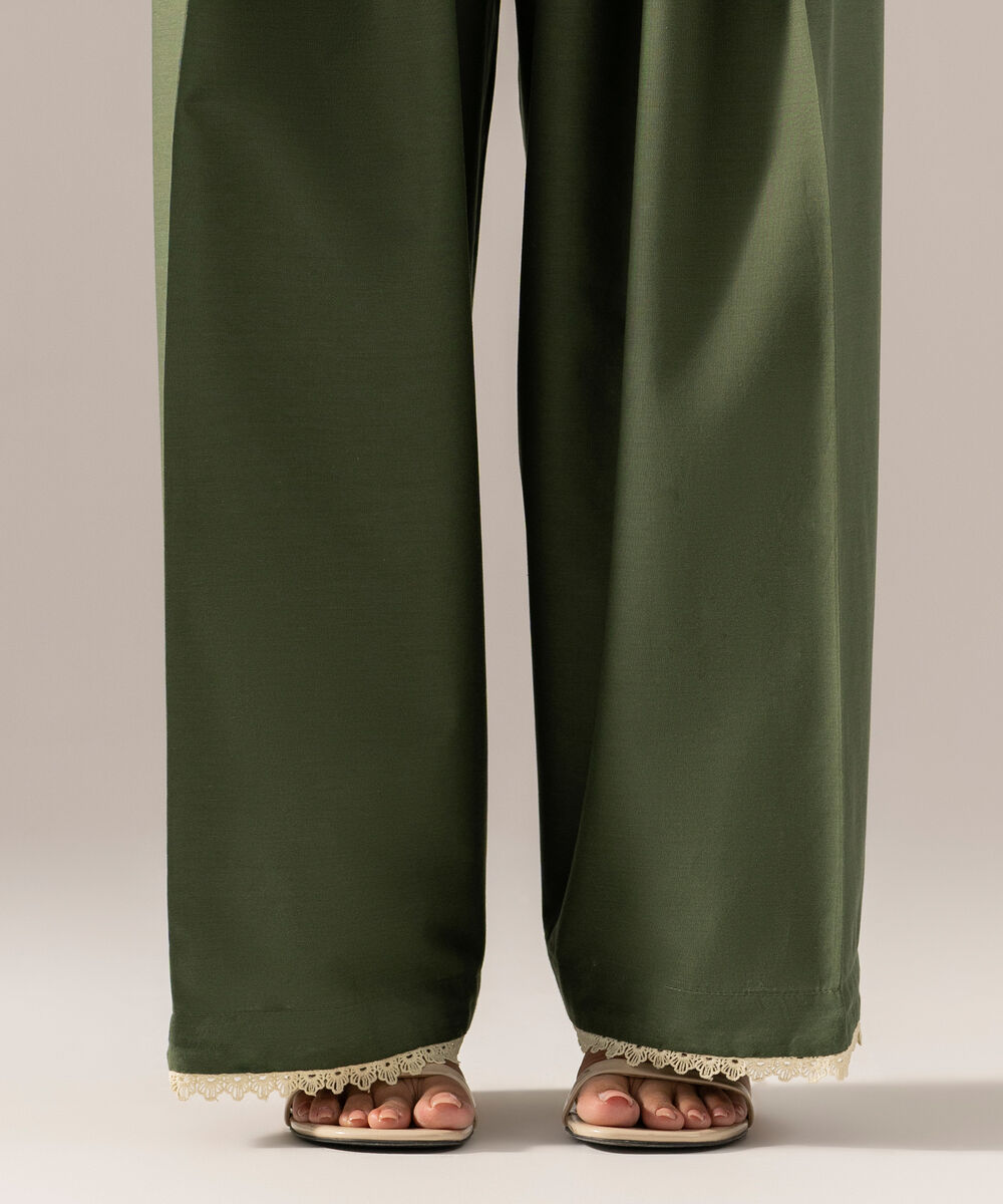 Women's RTW Solid Green Cotton Viscose Farshi Shalwar