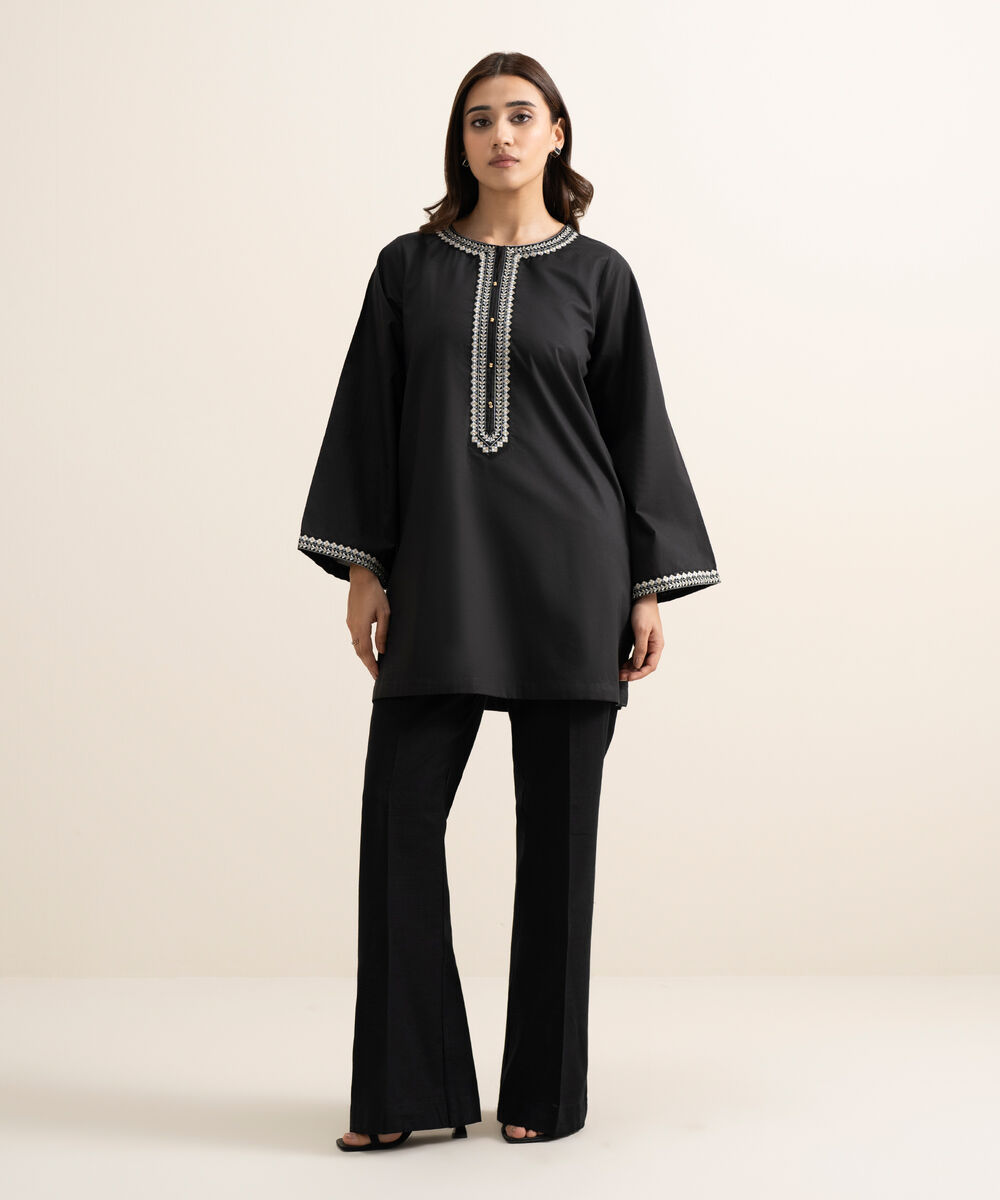 Women's RTW Cambric Embroidered Black Straight Shirt