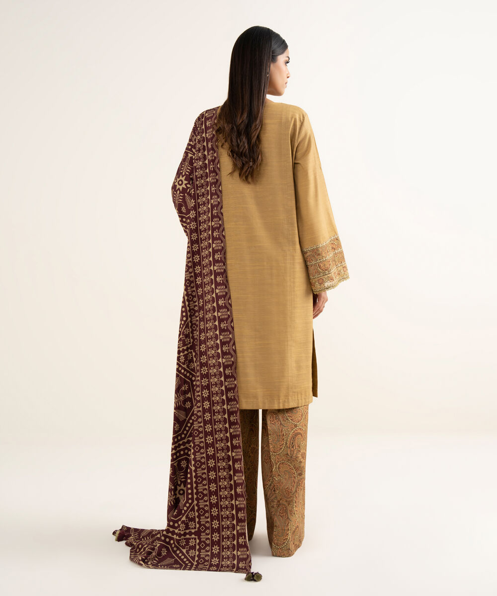 Women's Unstitched Khaddar Embroidered Brown 3 Piece Suit