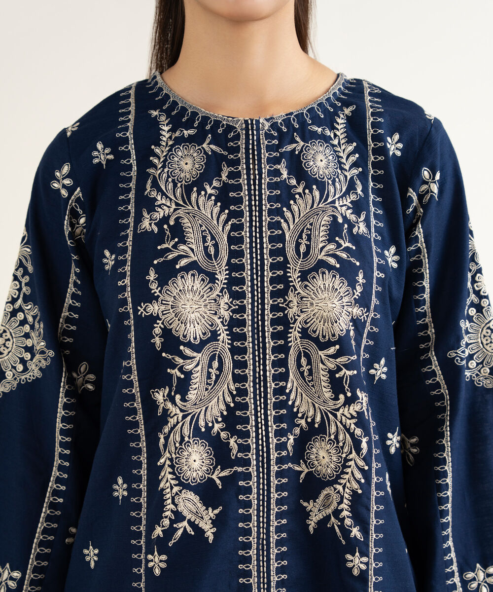 Women's RTW Khaddar Embroidered Blue Straight Shirt