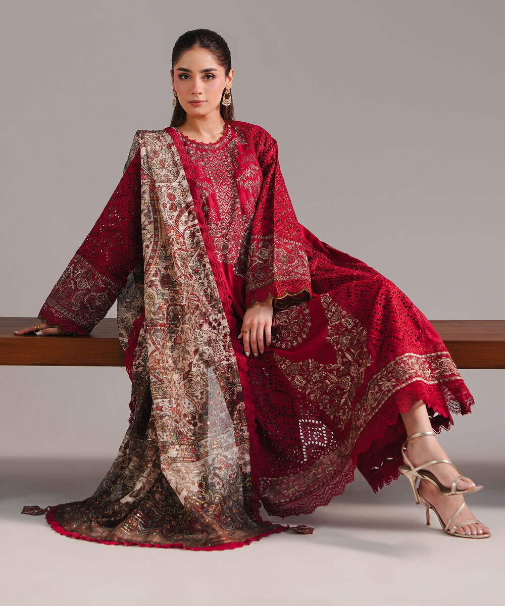 Women's RTW Self Jacquard Embroidered Maroon 3 Piece Suit