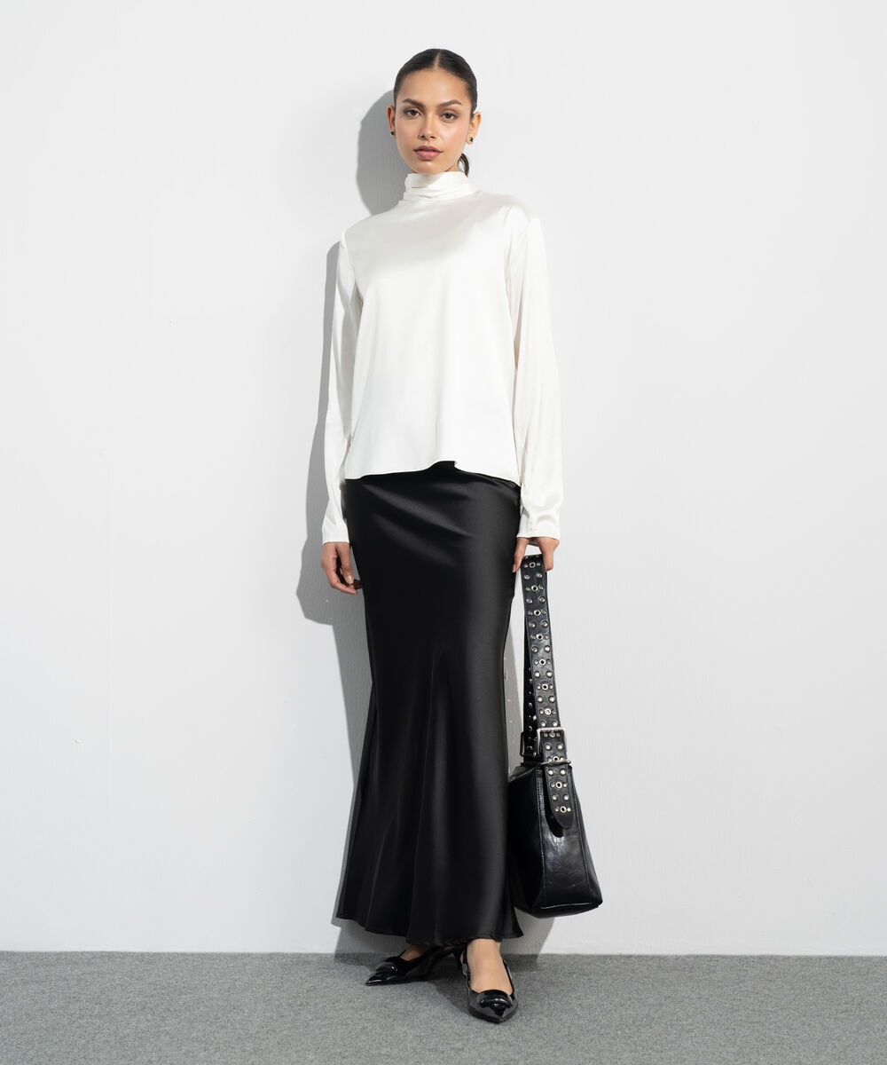 Women's Western Cream Satin Blouse With Back Tie Detail