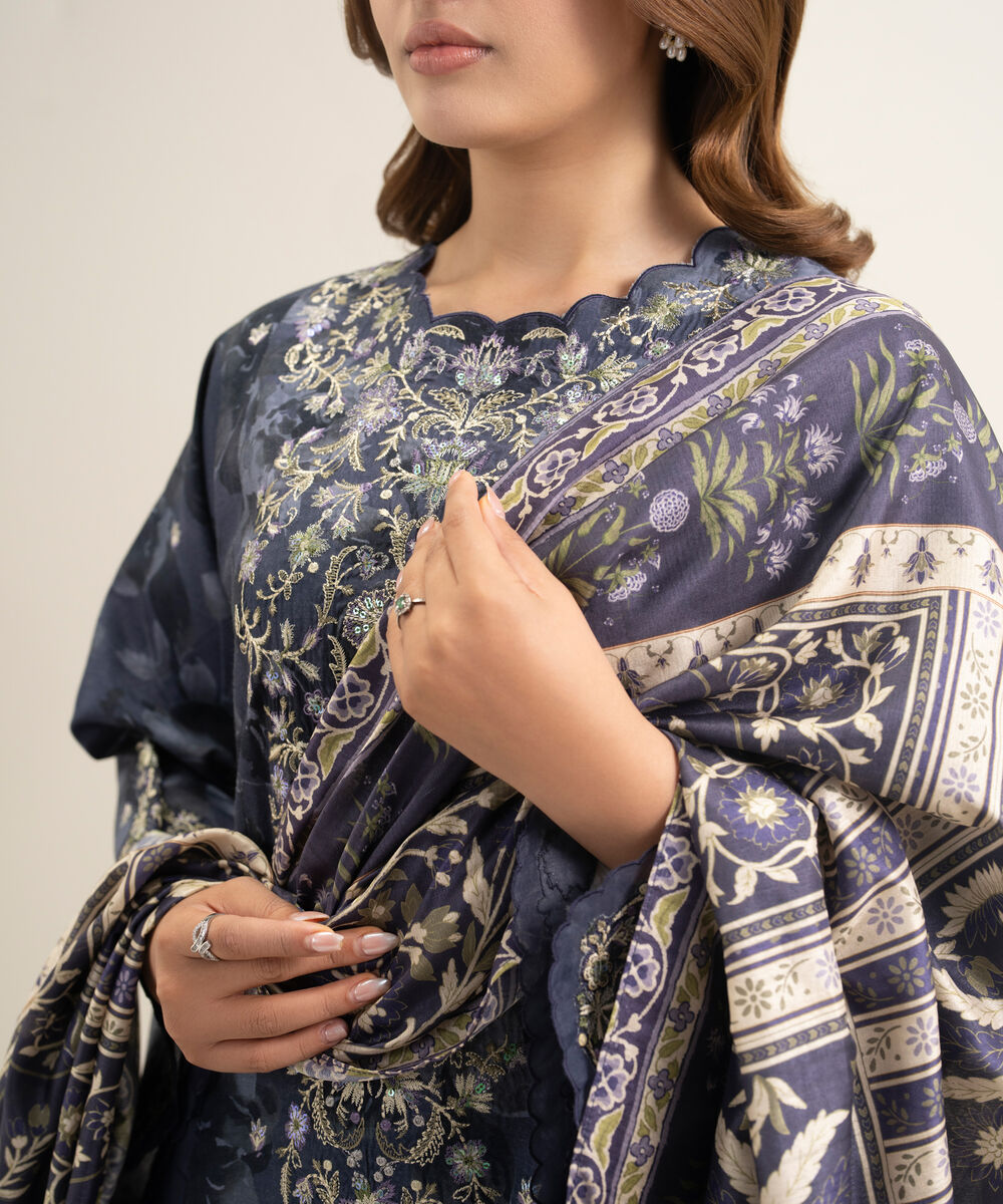 Women's Unstitched Textured Cotton Viscose Embroidered Dark Blue 3 Piece Suit