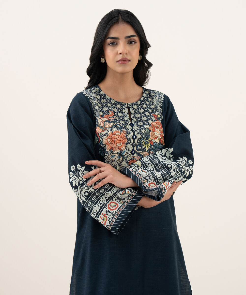 Women's RTW Cotton Printed Blue A-Line Shirt