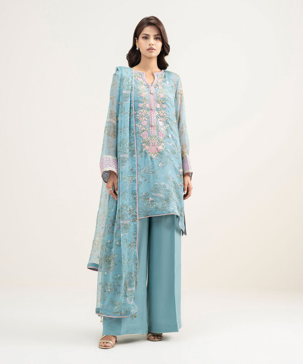 Women's RTW Blended Chiffon Embroidered Blue 3 Piece Suit