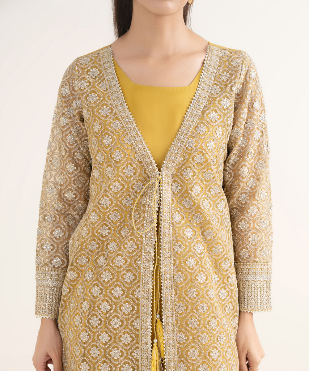 Women's RTW Blended Organza Embroidered Yellow 2 Piece Suit