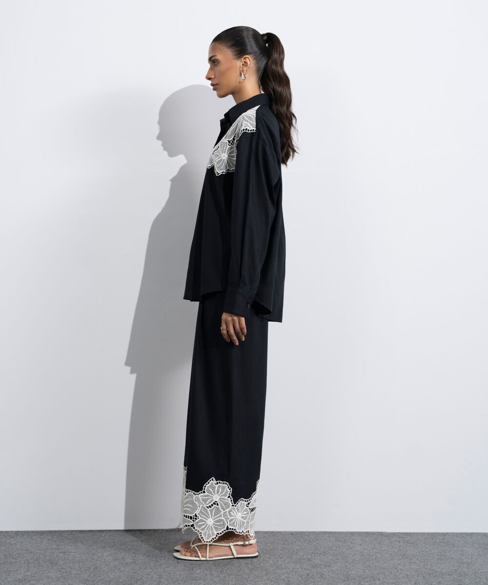 Women's Western Black Straight-Fit Embroidered Trouser