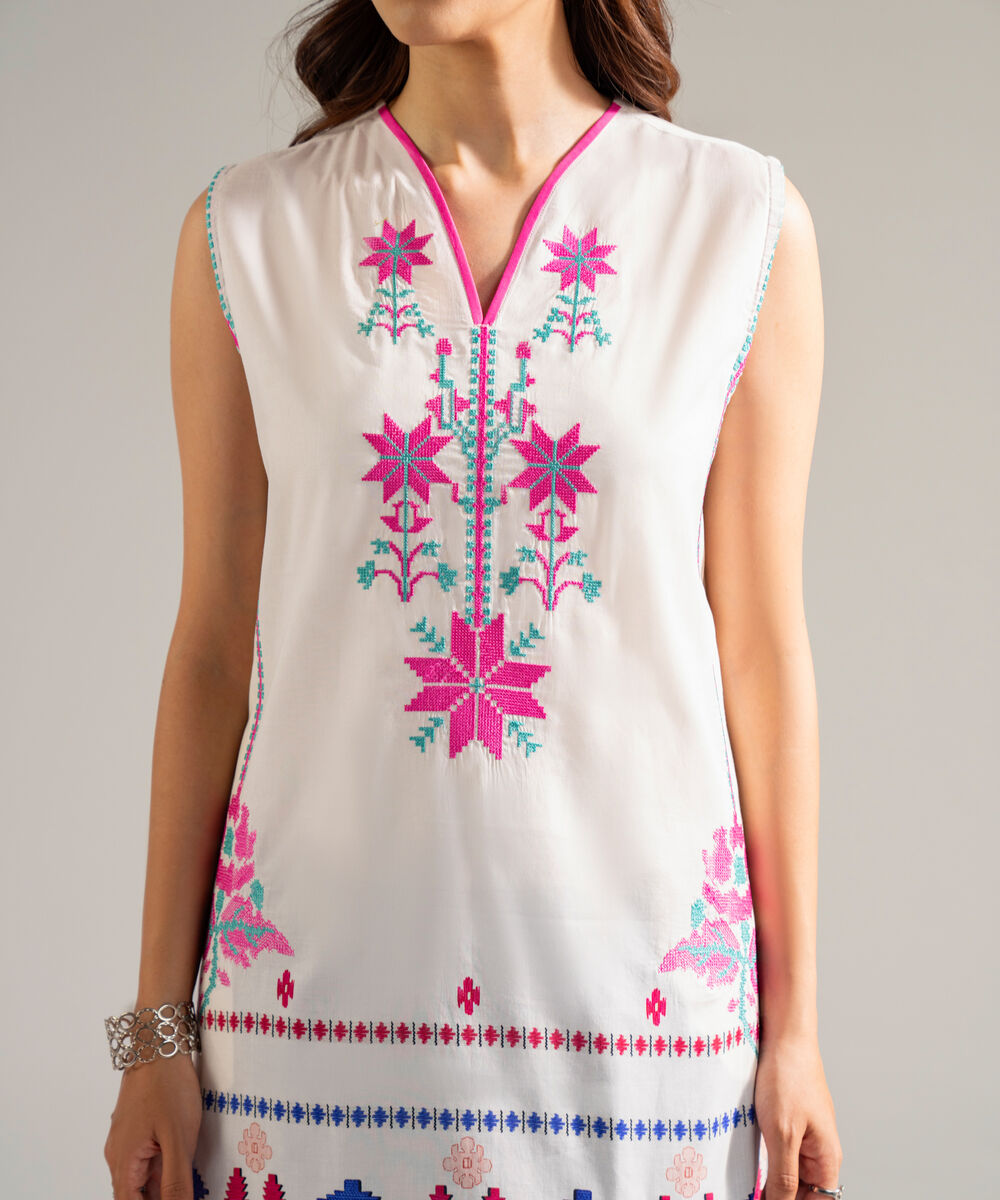 Women's RTW Lawn Embroidered White Straight Shirt