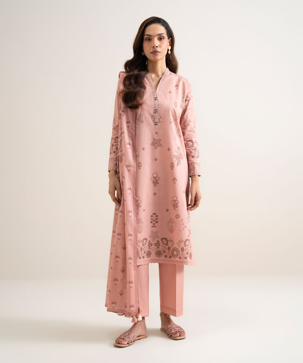 Women's Unstitched Lawn Printed Pink 3 Piece Suit