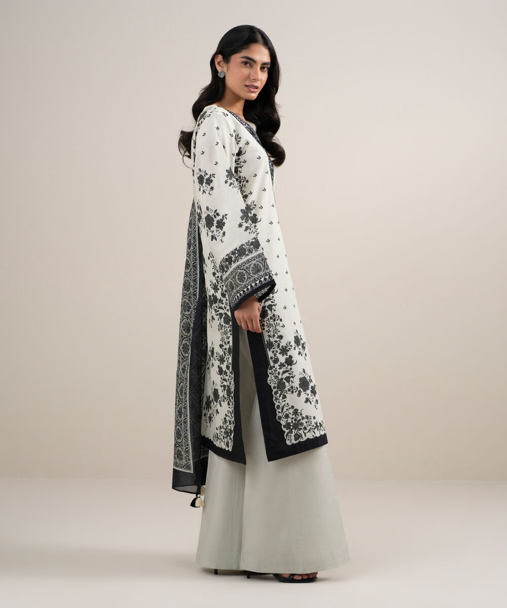 Women's Unstitched Lawn Embroidered Black and White 3 Piece Suit