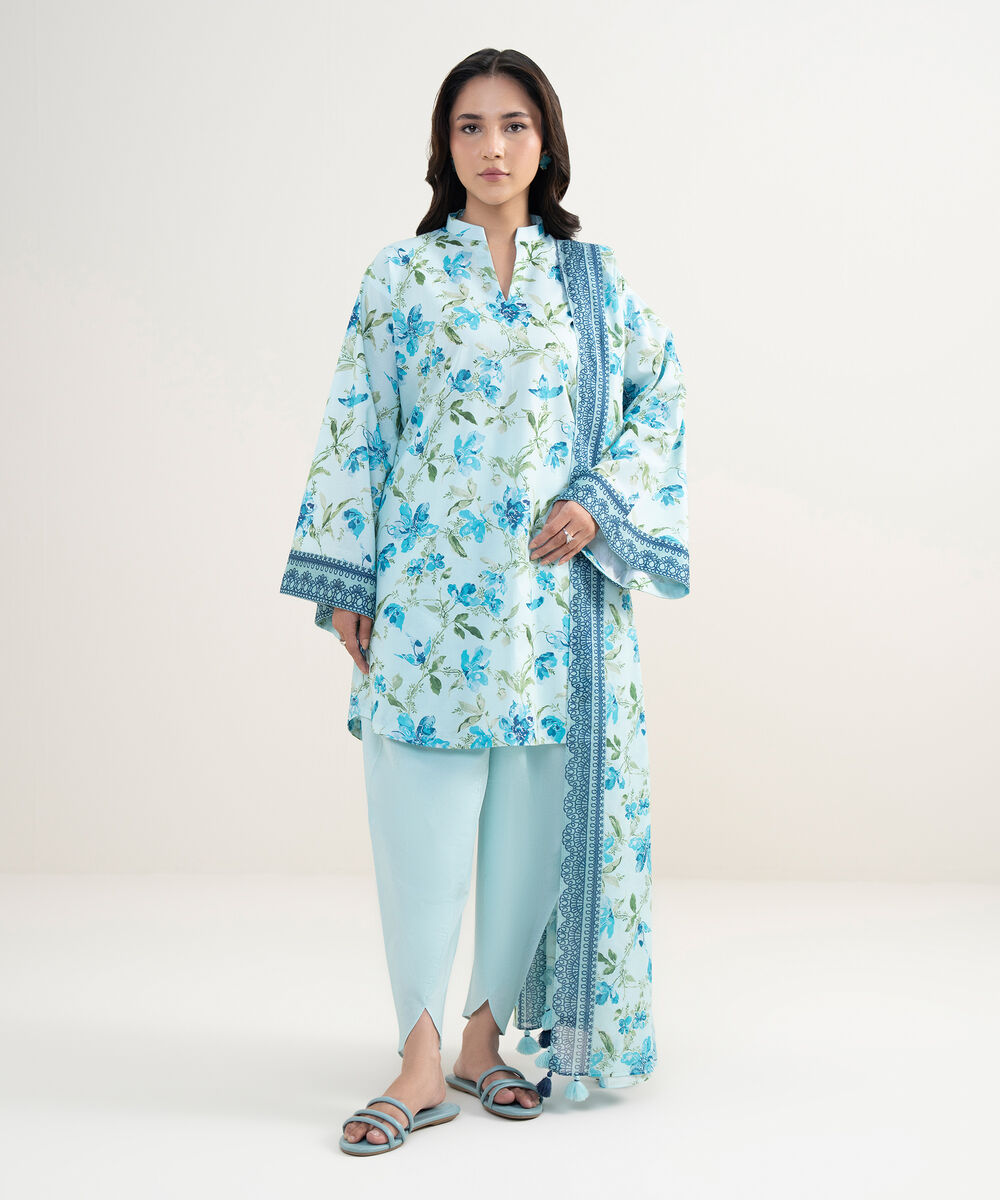 Women's Unstitched Lawn Printed Blue 3 Piece Suit