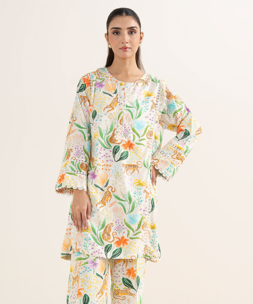 Women's RTW Herringbone Printed Off White Straight Shirt