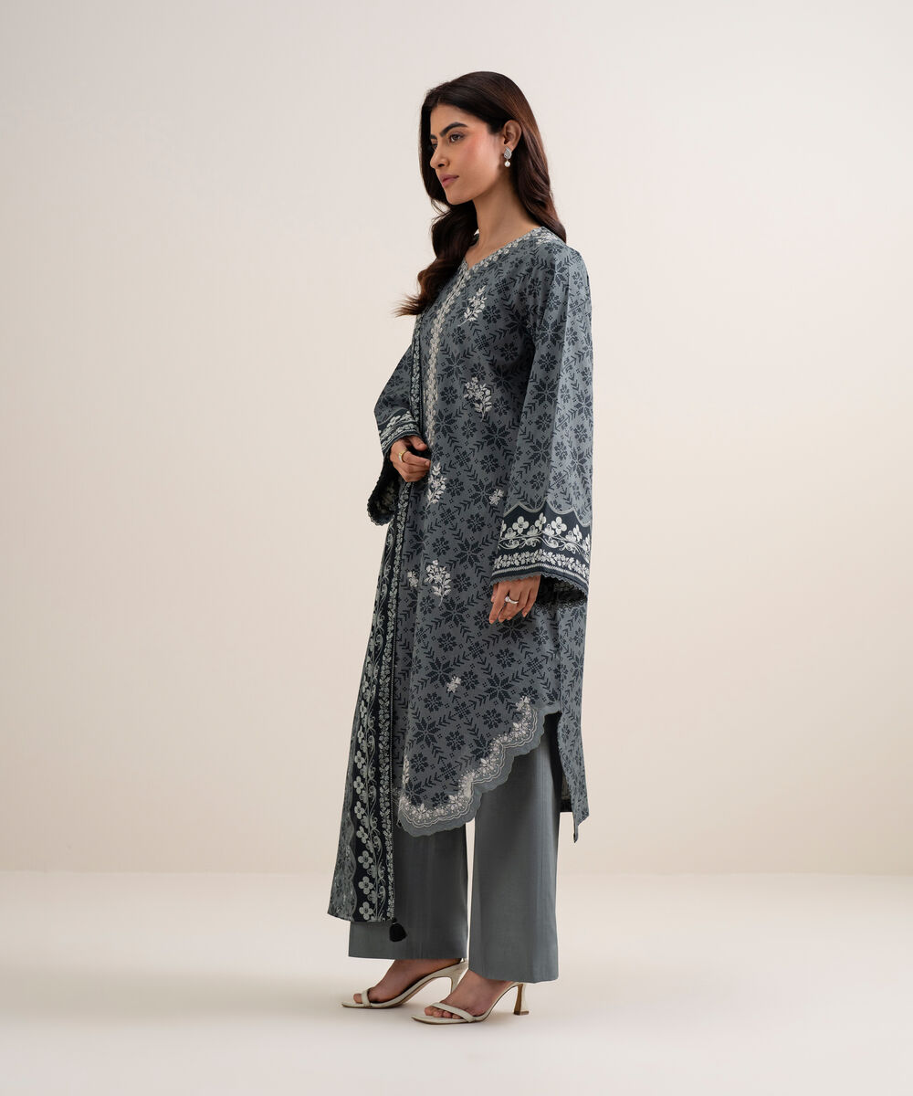 Women's Unstitched Lawn Embroidered Grey 3 Piece Suit